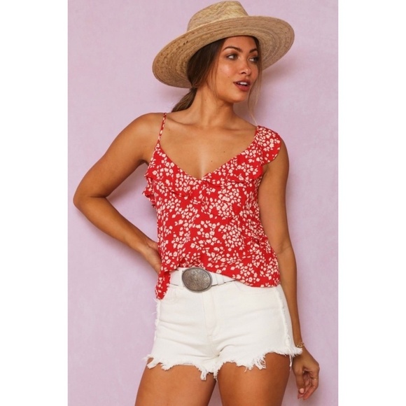 Fantastic Fawn Red Ditzy Floral Ruffle V Neck Cami Top - Picture 9 of 10